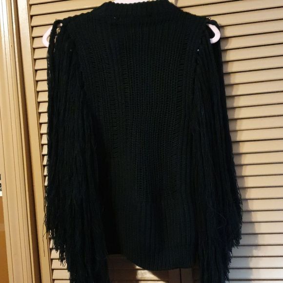 Boho Chic Black Fringe Sleeve Knit Sweater sz M - Picture 6 of 6